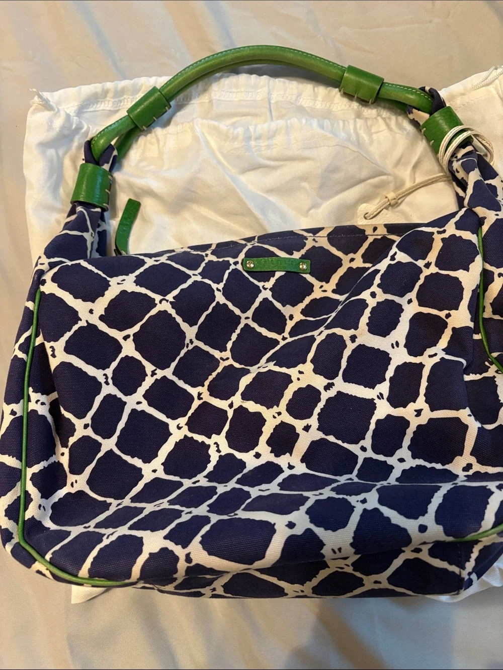 kate spade Navy and White Giraffe-Print Shoulder Bag with Green Trim